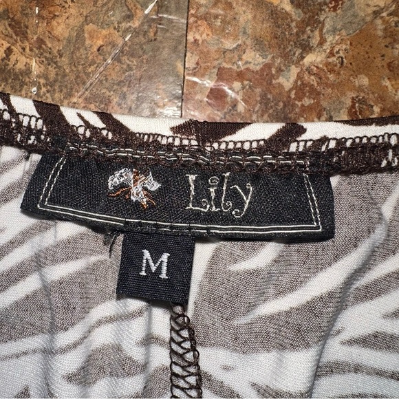 Lily Brown White Elastic Waist Tropical Ruffled Leaf Midi Skirt Size Medium - Picture 5 of 6